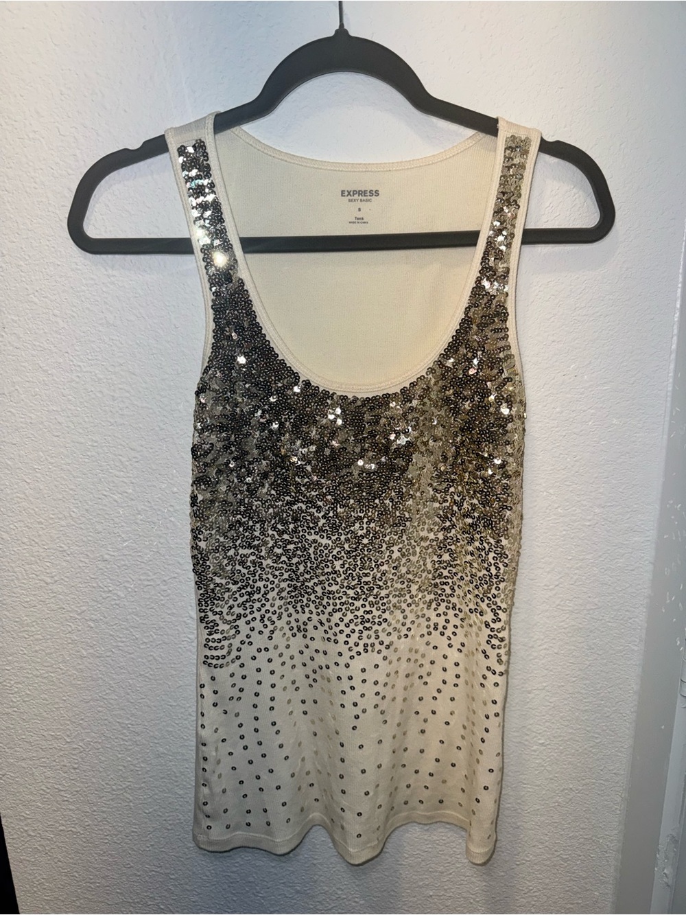 Express Cream Sequin Tank Mini Dress with Silver Ombre